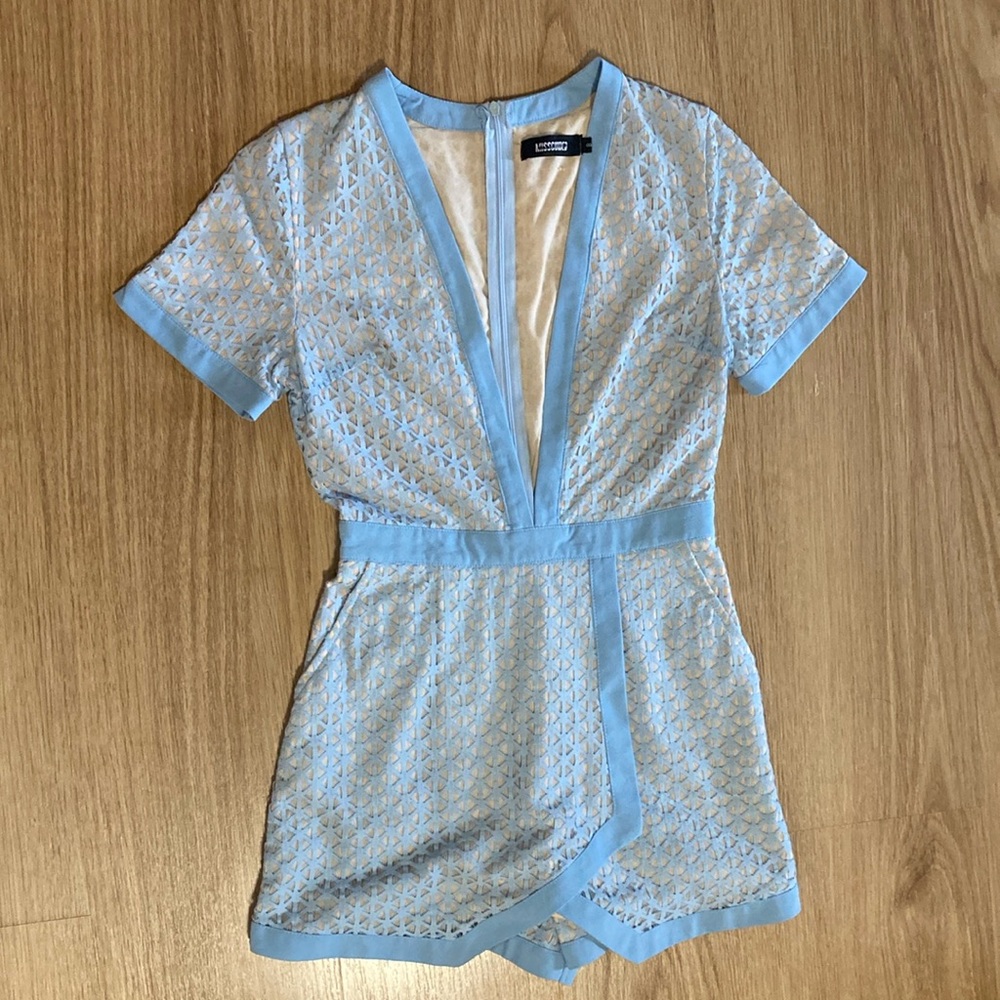 Missguided blue laser cut deep V neck romper size small